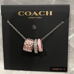 Coach Silver-Tone Necklace with Pink Enamel & Crystal Charm Rings New